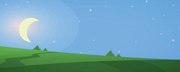 Fototapeta premium Minimalist Flat Vector Night Landscape with Crescent Moon, Stars, Rolling Green Hills and Soft Blue Gradient Sky