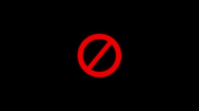 Animation of warning sing on black background. Red circle line no entry animation with looped animation.