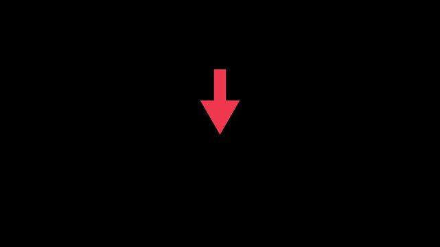 Red arrow pointing down looped animation on black background. Red down indicator arrow icon.