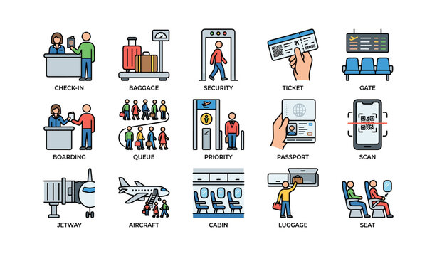 Airport symbols illustrating procedures and boarding with diverse passengers