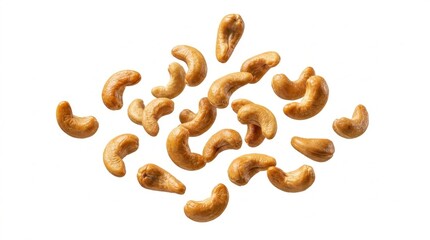 Fototapeta premium Golden Roasted Cashew Nuts Falling and Flying, Isolated on a Pure White Background. Delicious and Healthy Snack, Perfect for Food Advertising and Packaging Designs.