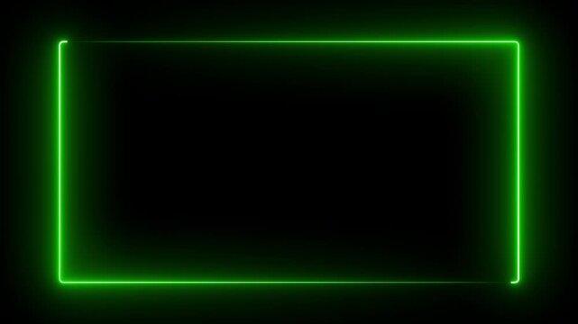Bright green neon rectangular border shines intensely on a deep black background,  with neon lights shrinking and expanding. 4K video.