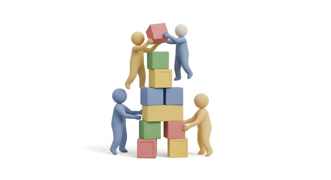 Building Blocks Teamwork: A conceptual illustration showing the collaborative construction of a vibrant block tower, a visual representation of the concept of working together.