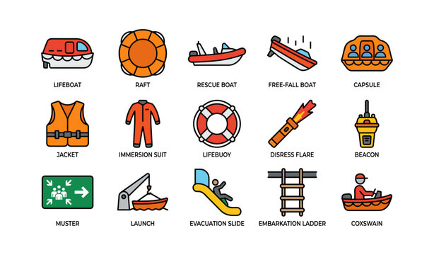 Safety equipment for maritime rescue: lifeboats, rafts, and emergency devices illustrated