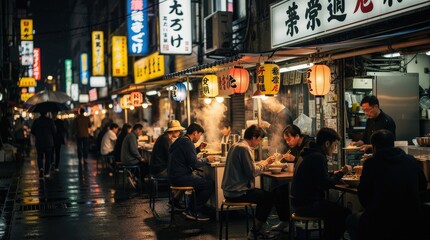 Obraz premium A bustling nighttime street food market in Japan with people enjoying meals under glowing lanterns and neon signs in a rainy atmosphere.