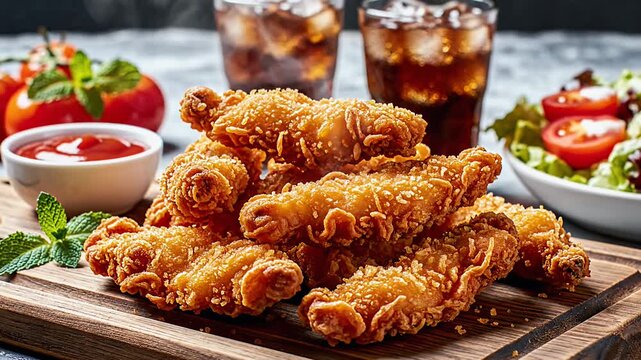 Delicious Fried Chicken Feast with Sides and Refreshing Drinks.