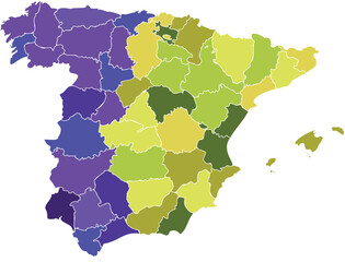 Fototapeta premium Colorful Political Map of Spain with Administrative Provinces and Balearic Islands