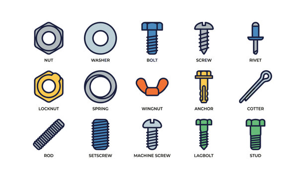 Various fasteners including nuts, bolts, screws, washers, and rivets illustrated