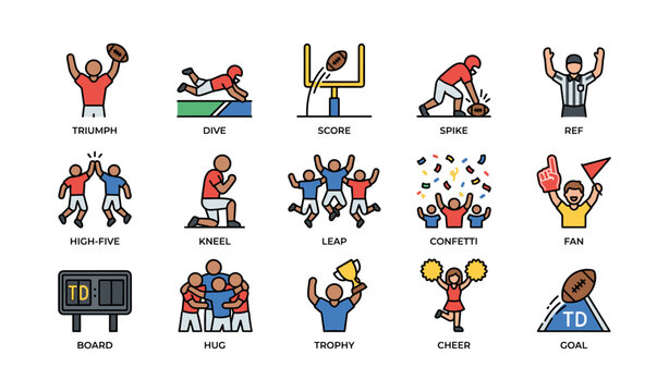 Icons of football celebrations including players, cheerleader, and referee actions