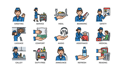 Fototapeta premium Flight attendant duties icons: greeting, boarding, safety, medical assistance, refreshment