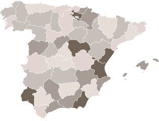 Obraz premium Monochromatic Brown Map of Spain with Provincial Borders and Islands