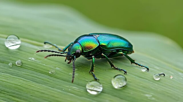 Rain drop on green leaf with a beetle resting.