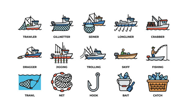 Variety of fishing boats and gear icons: trawler, gillnetter, seiner, longliner, crabber