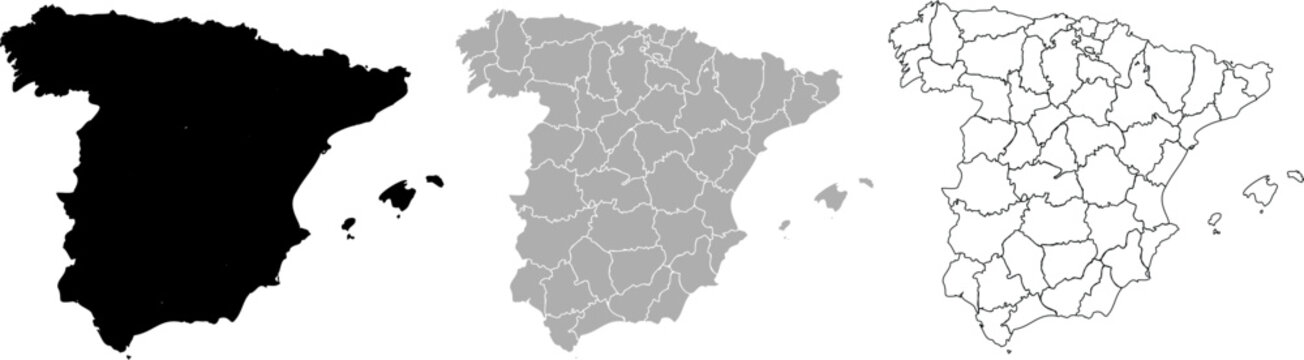 Vector Outlines of Spain Map with Provincial Borders and Balearic Islands