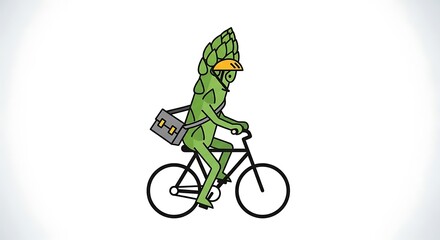 Obraz premium A cartoonish asparagus character wearing a cap and messenger bag, riding a bicycle against a gradient background