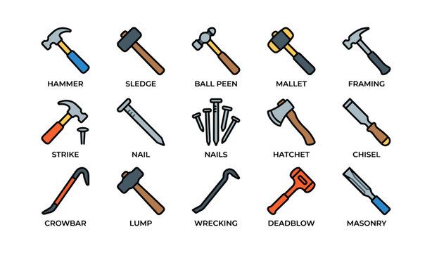 Various tools collection: hammer, sledge, ball peen, mallet, framing, crowbar, nail, hatchet, chisel