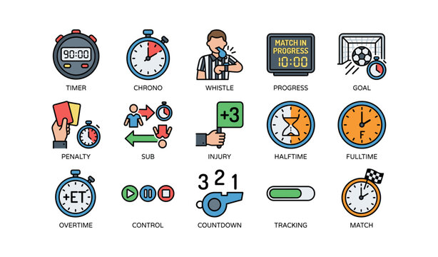 Soccer game icons featuring timer, whistle, scoreboard, goal, penalty, and substitution