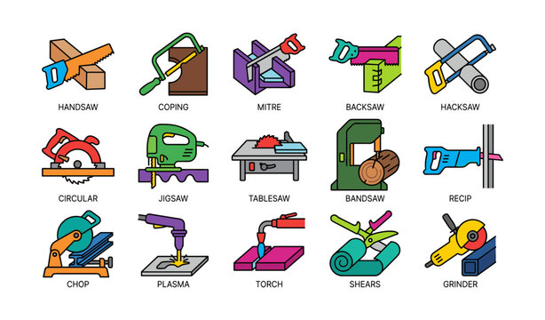 Colorful collection of various hand and power saws icons