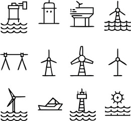 Naklejka premium A comprehensive set of line art icons depicting various aspects of marine and energy infrastructure, showcasing the interconnectedness of different types of constructions.