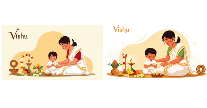 Indian cultural vishu festival celebration showing traditional mom and child bonding in festive home with flowers, lamps, and prosperity ritual illustration.