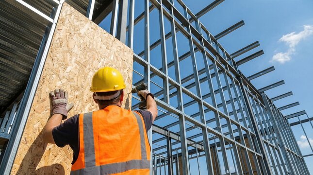 Construction worker installing wall panel on steel frame