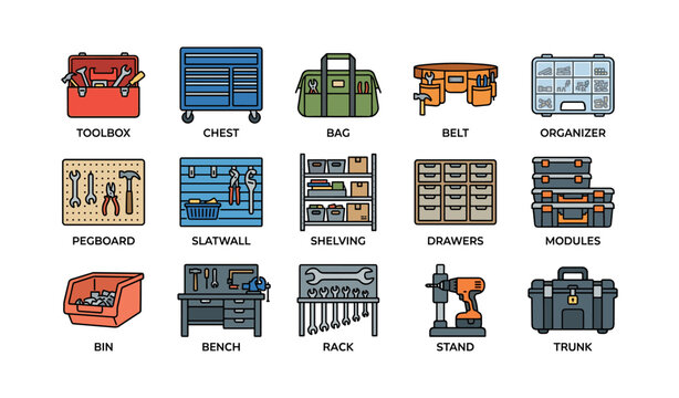 Illustrated collection of various tool storage solutions and organizers