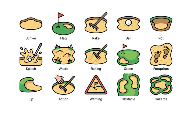 Golf course icon set featuring bunker, flag, rake, and ball with hazards and obstacles