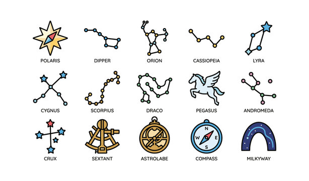 Illustrated icons of celestial constellations and navigational instruments