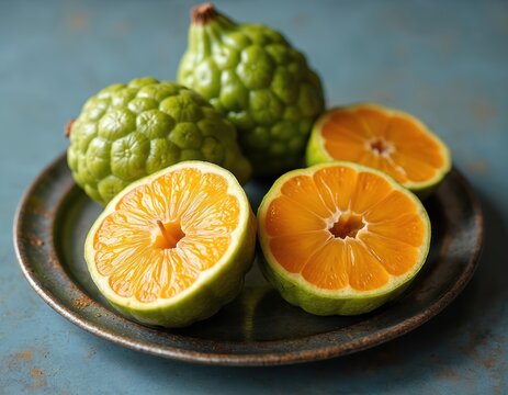 Green ugli fruit halves and whole fruits sit on dark plate. Tropical citrus variety with rough bumpy peel and bright juicy pulp. Healthy fresh produce for cooking or juice.