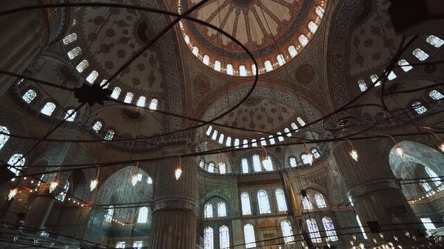 Cinematic footage of the iconic Blue Mosque located in Istanbul. Famous for its grand domes, elegant minarets, and stunning Ottoman architecture