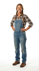 Fototapeta premium Woman smiling, wearing overalls and a plaid shirt.