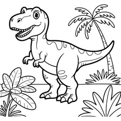 Prehistoric dinosaur coloring book illustration with large trex palm trees and tropical plants vector line art for children fun. © Moynul
