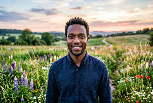 A hyper-realistic portrayal of a Black man in a blooming green field at sunset, emphasizing detailed eyes and natural skin texture in a serene and vivid evening light