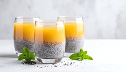 Fototapeta premium Three clear glasses filled with a two-layered beverage. The bottom layer is a seeded substance, topped with a vibrant yellow smoothie, garnished with fresh mint