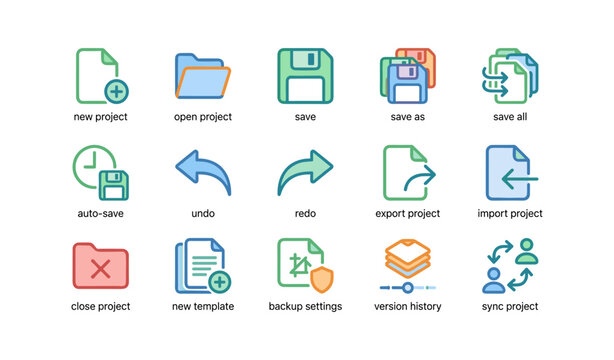 Digital project management icons: save, export, sync, auto-save, backup