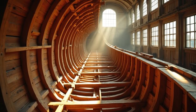 Wooden ship hull construction inside old shipyard. Sunlight streams through windows on timber frame, showing traditional boat building process. Craftsmanship project in maritime workshop.