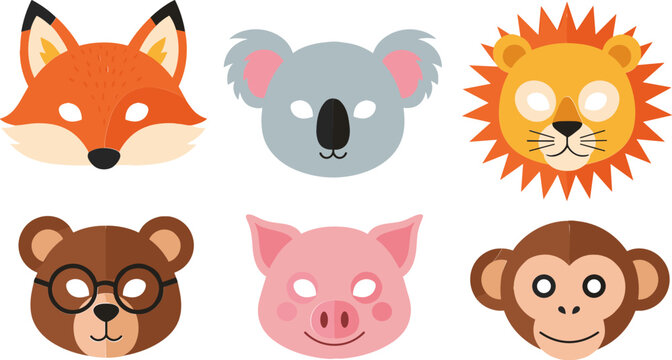 Cartoon Animal Face Masks Featuring Fox, Koala, Lion, Bear, Pig, and Monkey for Kids' Party, Fun, and Costume Designs