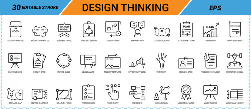 Design thinking editable line art icon pack. Icon bundle, icon set, web icon, app icon, brainstorming, creativity, innovation, user experience, prototyping, ideation, and more. Vector graphics.