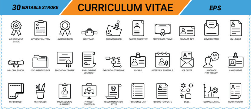 30 editable stroke icons for curriculum vitae and job application resume career icon set