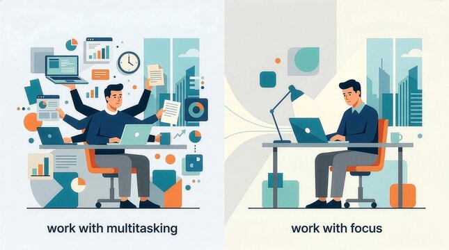 Multitasking vs Focused Work Concept Illustration for Productivity and Time Management