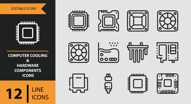 12 Computer Cooling and Hardware Components Icons outlne icon set. pc cooling system processor hardware parts outline icons