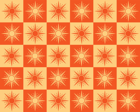 Vibrant orange and yellow star pattern on checkerboard background