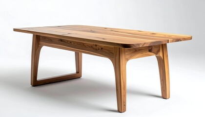 Fototapeta premium A solid wood rectangular table with rounded edges and four gently curved legs. It stands on a seamless white backdrop, highlighting the natural wood grain