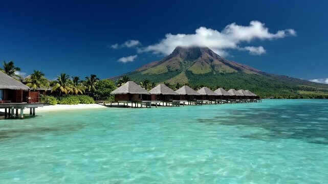 Overwater bungalows line a turquoise lagoon with a lush, volcanic mountain rising majestically in the background under a clear blue sky.