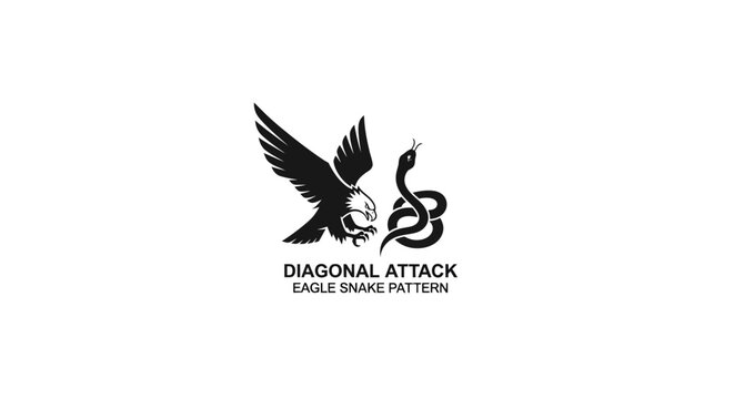 Eagle attacking coiled snake silhouette, abstract diagonal dynamic motion graphic