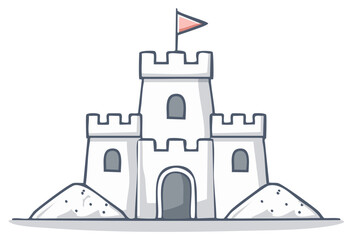 Fototapeta premium Cartoon sandcastle illustration with towers, arched entrance, and flag on top, set on the beach