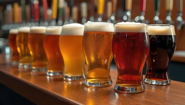 Glasses filled with different beers stand on a bar top. Beer taps are visible in the background. A selection of brews are ready to be served.
