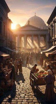 A bustling market scene bathed in warm sunlight. Cobblestone street leads to a grand building. People are bartering goods