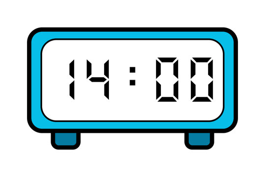 image of a blue digital clock with 14:00 on a white background