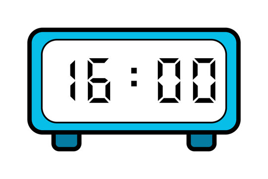 image of a blue digital clock with 16:00 on a white background
